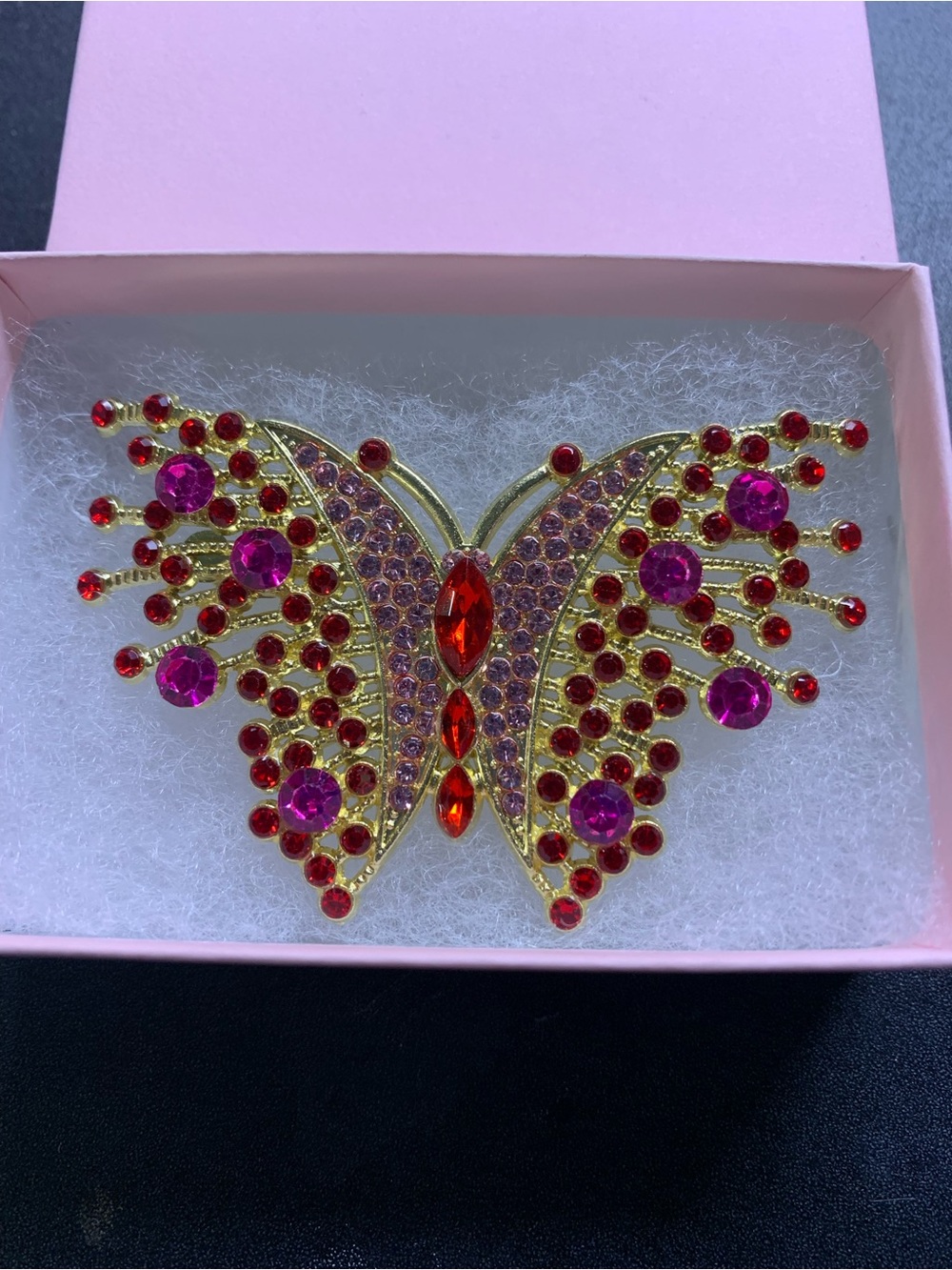 Gorgeous Sparkling Red & Pink Rhinestone Butterfly Brooch Pin Gold Tone